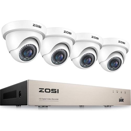 ZOSI 8CH H.265+ 1080P DVR Recorder mit 4 Außen 1080P Weiß Dome Überwachungskamera Set ohne Festplatte, 24M Nachtsicht