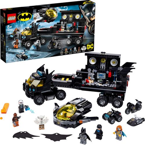 LEGO 76160 Super Heroes DC Batman Mobile Batbasis, Truck Spielzeug mit Batjet, Batquad, Motorrad und Wasserflitzer