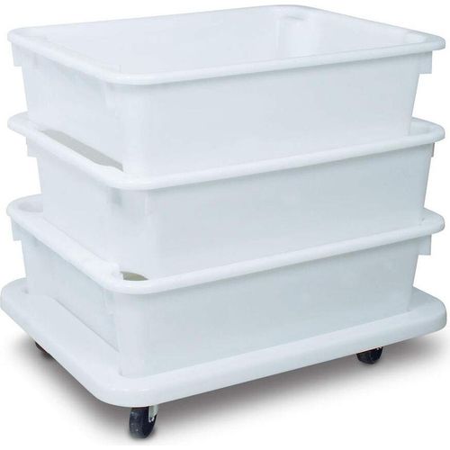 Set - 3 x Drehstapelbehälter 80 Liter / 800 x 600 x 220 mm, weiß, inkl. Transportroller