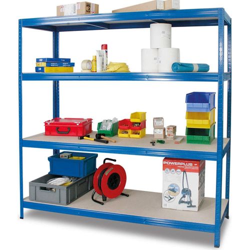 Großfachregal, Stecksystem, 4 Böden, blau, Tragkraft 350 kg/Ebene. HxBxT 1800 x 1800 x 600 mm.