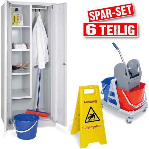 BRB 6-teiliges Reinigungsset, mit Putzmittelschrank, Nasswischwagen und Warnschild