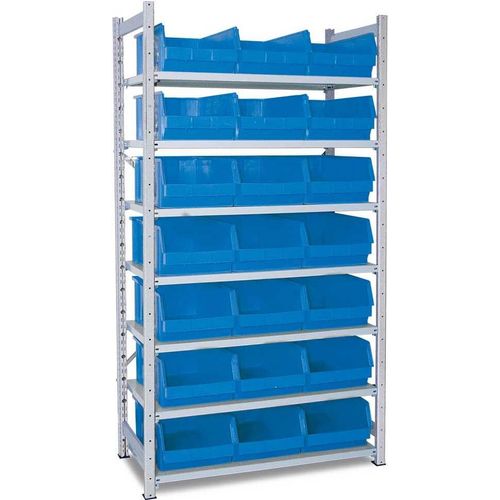Steckregal, verzinkt, mit 7 Böden, Tiefe 515 mm, bestückt mit 21 Sichtboxen LB 2/21 Liter, blau