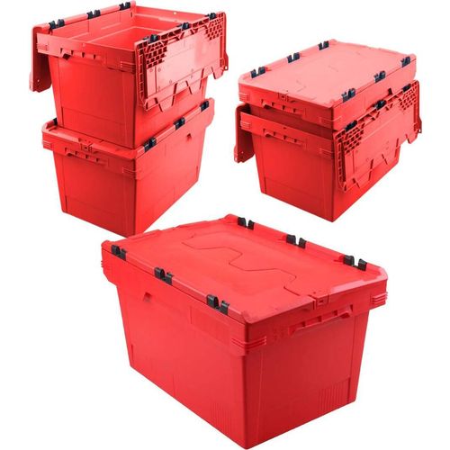 Set, 5x Mehrwegbehälter mit Klappdeckel, rot, verplompbar, LxBxH 600 x 400 x 350 mm, 58 Liter