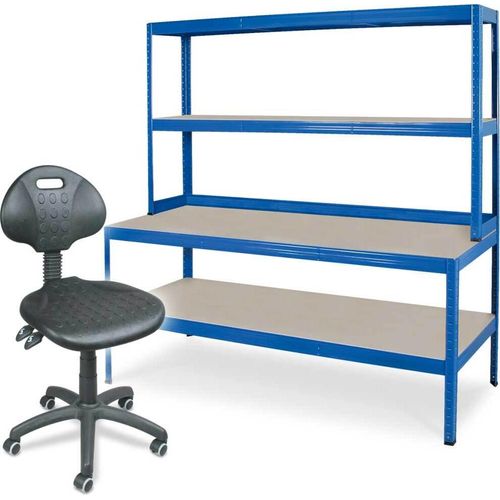 Arbeitstisch/Packtisch mit Regalaufsatz/Arbeitsdrehstuhl - BxTxH 1800 x 600 x 900 mm