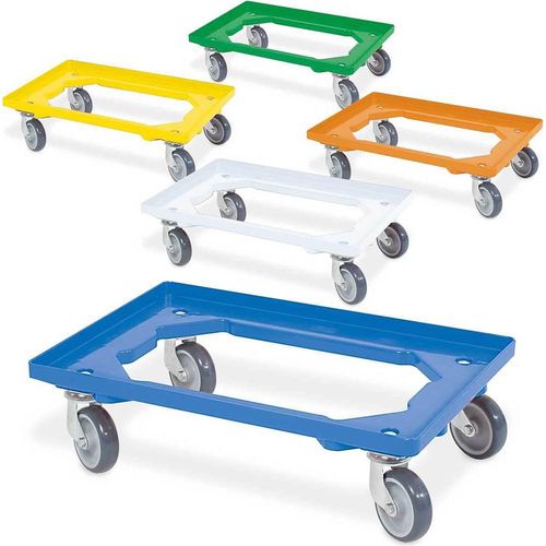 Set, 5x Logistikroller/Kistenroller für Behälter 600 x 400 mm, je 1 Roller in blau, gelb, grün, orange, weiß