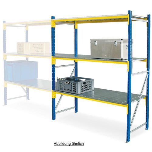 Weitspannregal BxTxH 2780 x 1005 x 2000 mm mit 3 Stahlblechebenen, Tragkraft 950 kg/Ebene, erweiterbares Stecksystem