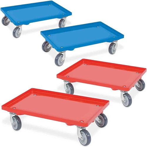 Set, 4x Kistenroller/Logistikroller geschl. Deck, 2x blau, 2x rot, für Behälter 600 x 400 mm, Tragkraft 250 kg