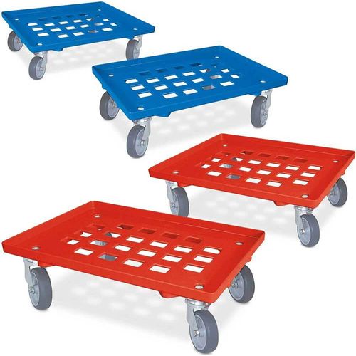 Set, 4x Kistenroller/Logistikroller mit Gitterdeck, 2x blau, 2x rot, für Behälter 600 x 400 mm, Tragkraft 250 kg