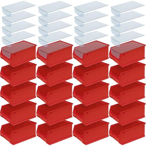 Sichtkästen-Set, 20x Sichtbox PROFI LB3 mit transparentem Staubdeckel, rot, Inhalt 7,6 Liter, LxBxH 350 x 200 x 150 mm