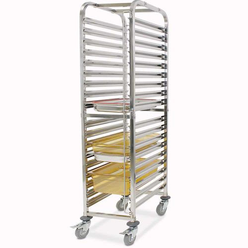 Transportwagen für GN-Behälter, für 18 GN-Behälter 1/1, Edelstahl, BxTxH 380 x 550 x 1735 mm, 4 Gummilenkrollen mit Feststellbremse