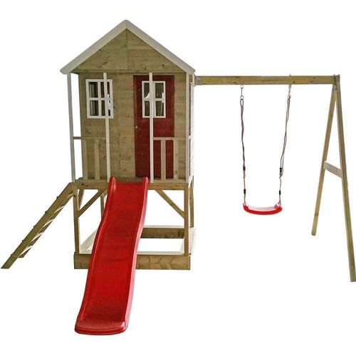 Wendi Toys Holz Stelzenhaus Alpaka mit roter Rutsche, Schaukel und Sandkasten Natur 290x350x242 cm