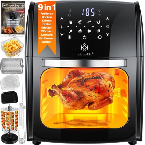 KESSER® XXL Airfryer 9in1 Heißluftfritteuse Fritteuse Drehgrill Rezeptheft Grillspieß 1800 Watt fettfrei grillen 8 Programme inkl. Zubehör
