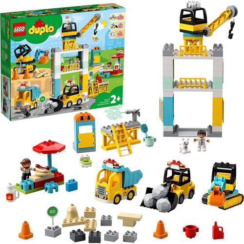 LEGO 10933 DUPLO Große Baustelle mit Licht und Ton, Fahrzeuge mit Push und Go Motor, Spielzeug für Kinder im Alter von 2–5 Jahren