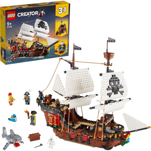 LEGO Creator 3-in-1 Piratenschiff Set, Spielzeug mit 3 Baumöglichkeiten, Baue in Piraten-Taverne oder Pirateninsel mit Totenkopf um, inklusive 3 Minifiguren für Rollenspiel-Abenteuer 31109