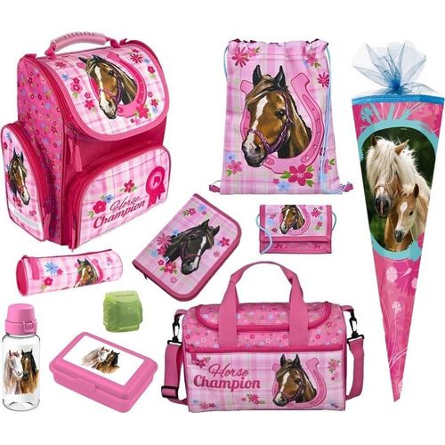 Mädchen Schulranzen 1. Klasse HORSE CHAMPION 10-teiliges Pferde Schulranzen Set mit Sporttasche und Schultüte 85cm