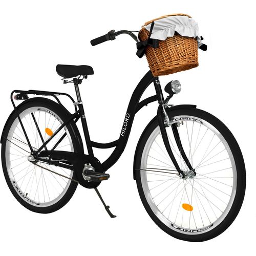 Milord Komfort Fahrrad Mit Weidenkorb Damenfahrrad, 26 Zoll, Schwarz, 3 Gang Shimano