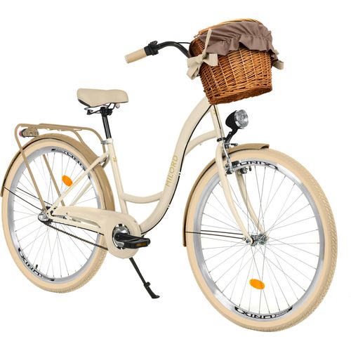 Milord Komfort Fahrrad Mit Weidenkorb Damenfahrrad, 28 Zoll, Creme-Braun, 3 Gang Shimano