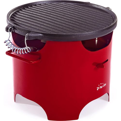 Grill mit Biobrennstoff, 0,5-Liter-Tank, rauchfrei, aus rotem Stahl und runder Grillplatte aus Gusseisen