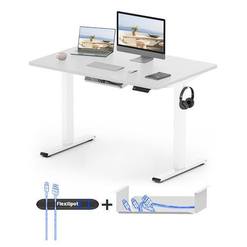 FLEXISPOT Höhenverstellbarer Schreibtisch Basic 120x60cm mit Kabelmanagement und Haken - Ergonomisches Sitz-Stehpult mit einteiliger Tischplatte Weiß