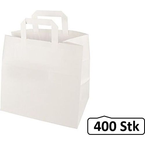 Papiertüten, Papiertaschen, Papiertragetaschen weiß, flacher Henkel 400 Stück, umweltfreundlich