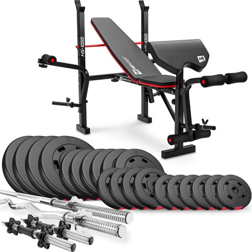 Hop-Sport zusammenklappbare Hantelbank HS-1055 - mit Curlpult, Butterfly und Beincurler - inkl. 105 KG Hantelset Lang-, Curl- & Kurzhantelstange, Gewichte 4x10+6x5+4x2,5+6x1,25