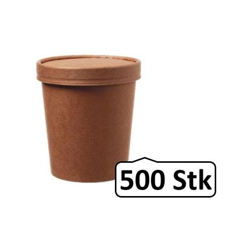 Soup Becher Suppenbehälter mit Membrandeckel 480 ml 16 oz 500 Stk, to go, take away, kompostierbar, natürliches Design