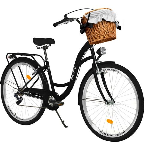 Milord Komfort Fahrrad Mit Weidenkorb Damenfahrrad, 26 Zoll, Schwarz, 7 Gang Shimano