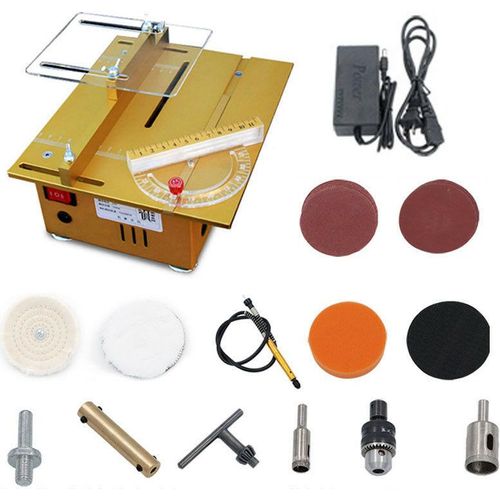 Tischkreissäge Mini Tischsäge DIY Schnitthöhe 0-27mm Kreissäge für Handgefertigte Metall Kunststoff Acryl Holzmodellbauhandwerk, Tischgröße 24 x 20cm (100W, Gold)