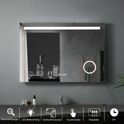 Badspiegel 100 x 70 cm mit Beleuchtung LED Rechteckig Badezimmer Badezimmerspiegel Wandspiegel mit Touchschalter Uhr Kosmetik 3 Lichtfarben Dimmbar