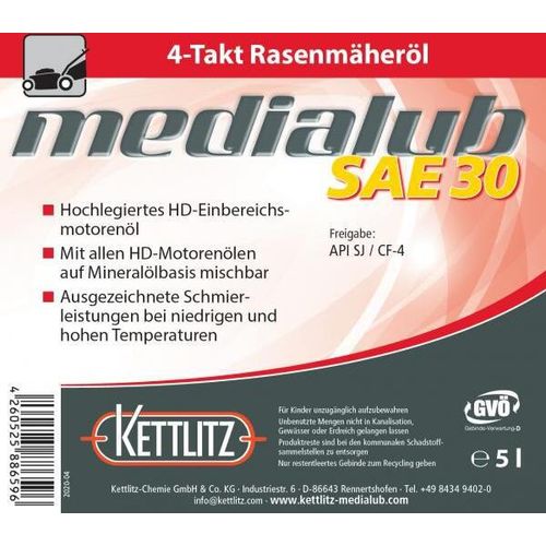 KETTLITZ-Medialub SAE 30 - 4 Takt Rasenmäheröl API SJ/CF-4 - 60 Liter Gebinde