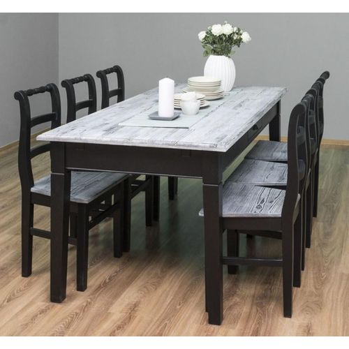 Casa Padrino Landhausstil Esszimmer Möbel Set Antik Weiß / Schwarz - 1 Esstisch & 6 Esszimmerstühle - Massivholz Esszimmer Möbel - Landhausstil Möbel