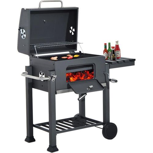 Holzkohlegrill mit Ablageflächen,Grillwagen BBQ Standgrill Gartengrill Kohlegrill Schwarz