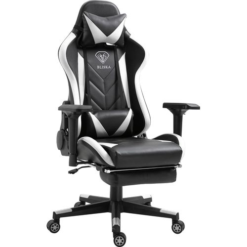 Gaming Stuhl mit Fußstütze und ergonomsichen 4D-Armlehnen gaming chair in ergonomischer Sportsitz Optik Gamer Stuhl mit verstellbaren Rückenstützkissen Bürostuhl,Farbe:Schwarz/Weiß