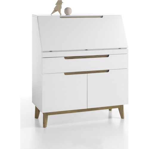 Sekretär Schreibtisch Schrank weiß matt MDF Asteiche furniert Massiv Klappe 97