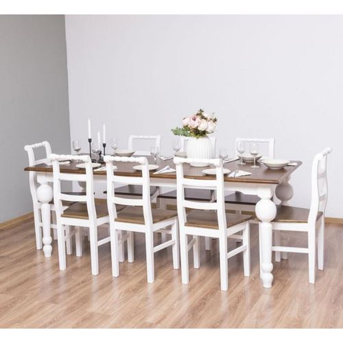 Casa Padrino Landhausstil Esszimmer Möbel Set Braun / Weiß - 1 Esstisch & 8 Esszimmerstühle - Massivholz Esszimmer Möbel - Landhausstil Möbel
