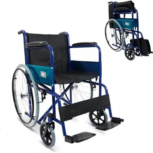 Rollstuhl Faltbar Mobiclinic Sitzfläche 46 cm Handbremse feste Arme und klappbare Fußstützen Farbe blau/schwarz Alcázar
