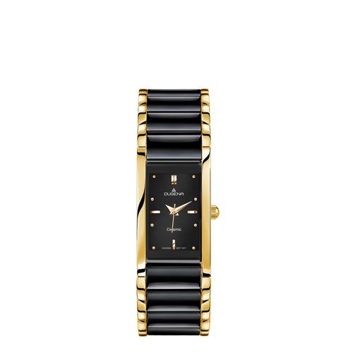 Dugena Damen Uhr 4460591 Quadra Keramik schwarz vergoldet