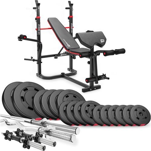 Hop-Sport Hantelbank HS-1065 + Curlpult - inkl. 75 KG Hantelset: Lang-, Curl- & Kurzhantelstange, Gewichte/Hantelscheiben