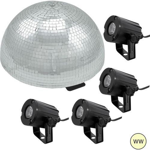 Set Halbspiegelkugel 50cm + 4 x LED Pinspot 3W Warmweiss