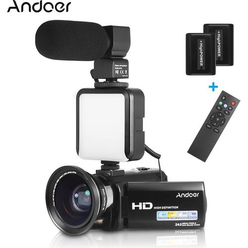 Andoer HDV-201LM 1080P FHD Digitale Videokamera Camcorder DV-Recorder 24MP 16-facher Digitalzoom 3,0-Zoll-LCD-Bildschirm mit 2 wiederaufladbaren Batterien + 0,39-faches Weitwinkelobjektiv + externes Mikrofon + externes Mini-LED-Licht