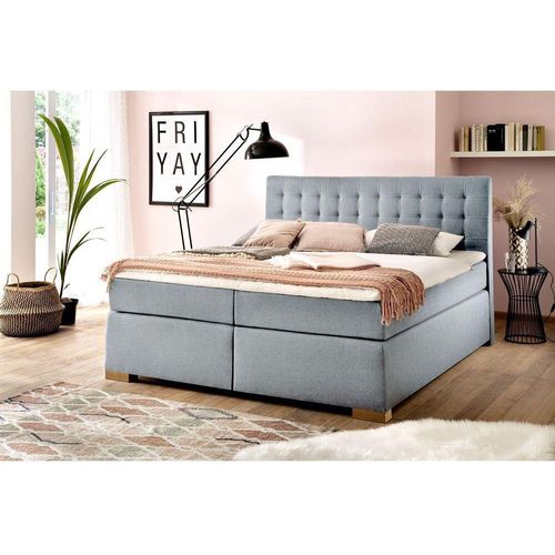 Boxspringbett 180x200 cm inkl. seitlich verdeckt klappbarer Bettkasten LORETOPLUS-114 in Eisblau, Härtegrad H2/H3