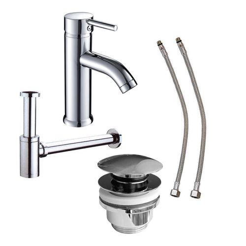 Waschtisch-Anschluss Spar-Set mit Armatur, Siphon, Pop-Up Ventil und 2 Flexschläuchen