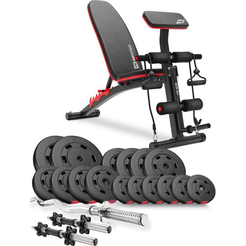 Hop-Sport Hantelbank HS-1035 - inkl. 66 KG Hantelset: SZ Curlstange & Kurzhantelstange, Gewichte/Hantelscheiben