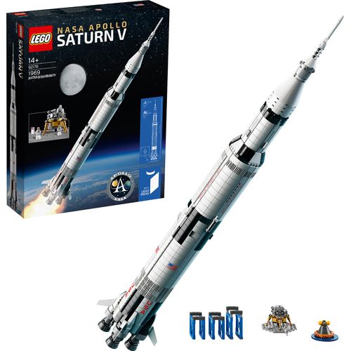 LEGO 92176 Ideas NASA Apollo Saturn V Weltraumrakete und Fahrzeuge, Raumschiff Bauset für Sammler, mit Displayständer