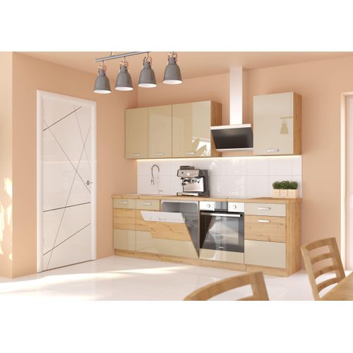 Küche Artisan Cappuccino 250 cm Küchenzeile Hochglanz Küchenblock Einbauküche