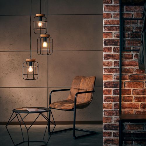 BRILLIANT schwarze Pendelleuchte GWEN | 3 flammige runde Hängeleuchte mit nachhaltigen Holzdetails am Schirm | 3x E27 Fassung max. 40 Watt | Metall/Holz