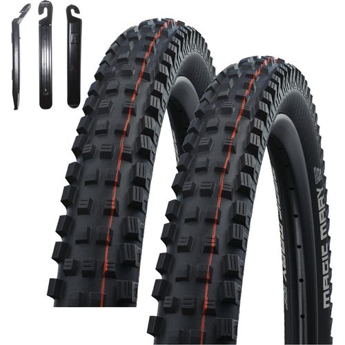 2 x Faltreifen Schwalbe Reifen Magic Mary Super Trail ADDIX Soft EVO SnakeSkin TLE Schwarz 70-584 (27.5 x 2.80) inkl. 3 Reifenheber