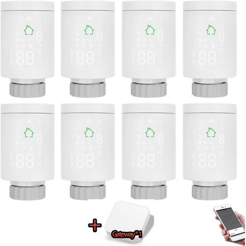 8X Tuya ZIGBEE3.0 Smart Heizkörperthermostat Thermostatventil Programmierbares Heizkoerperventil APP-Steuerung Sprachsteuerung Kompatibel mit Alexa Fensteroeffnungserkennung+Gateway