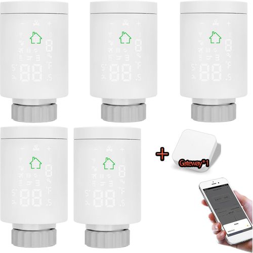 5X Tuya ZIGBEE3.0 Smart Heizkörperthermostat Thermostatventil Programmierbares Heizkoerperventil APP-Steuerung Sprachsteuerung Kompatibel mit Alexa Fensteroeffnungserkennung+Gateway