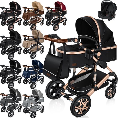 KESSER® Loops 3 in 1 Kinderwagen Kombikinderwagen Komplettset incl. Babywanne & Buggy Sportsitz & Auto-Babyschale - Voll-Gummireifen - Wickeltasche/Regenschutz/Kindertisch Set